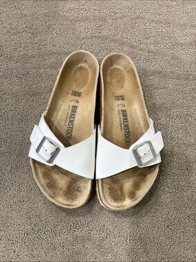 Birkenstock Madrid birko flor White Single-Band Slide with Silver Buckles